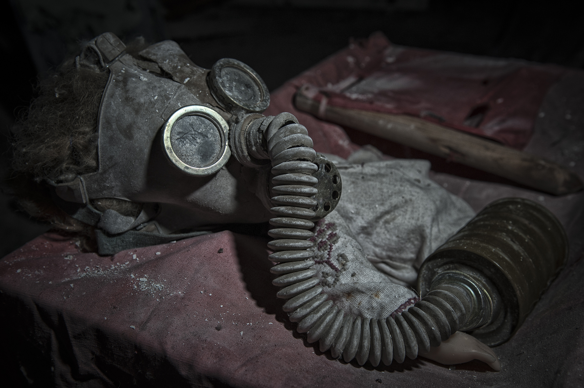 A doll with gas mask inside the school in Pripyat town